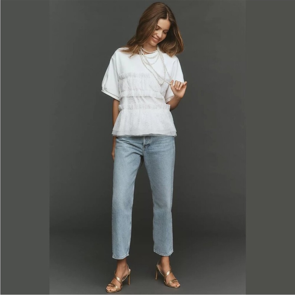Maeve Short-Sleeve Smocked Ruffled Sweatshirt S White / Gold Women’s Tulle - Picture 8 of 8